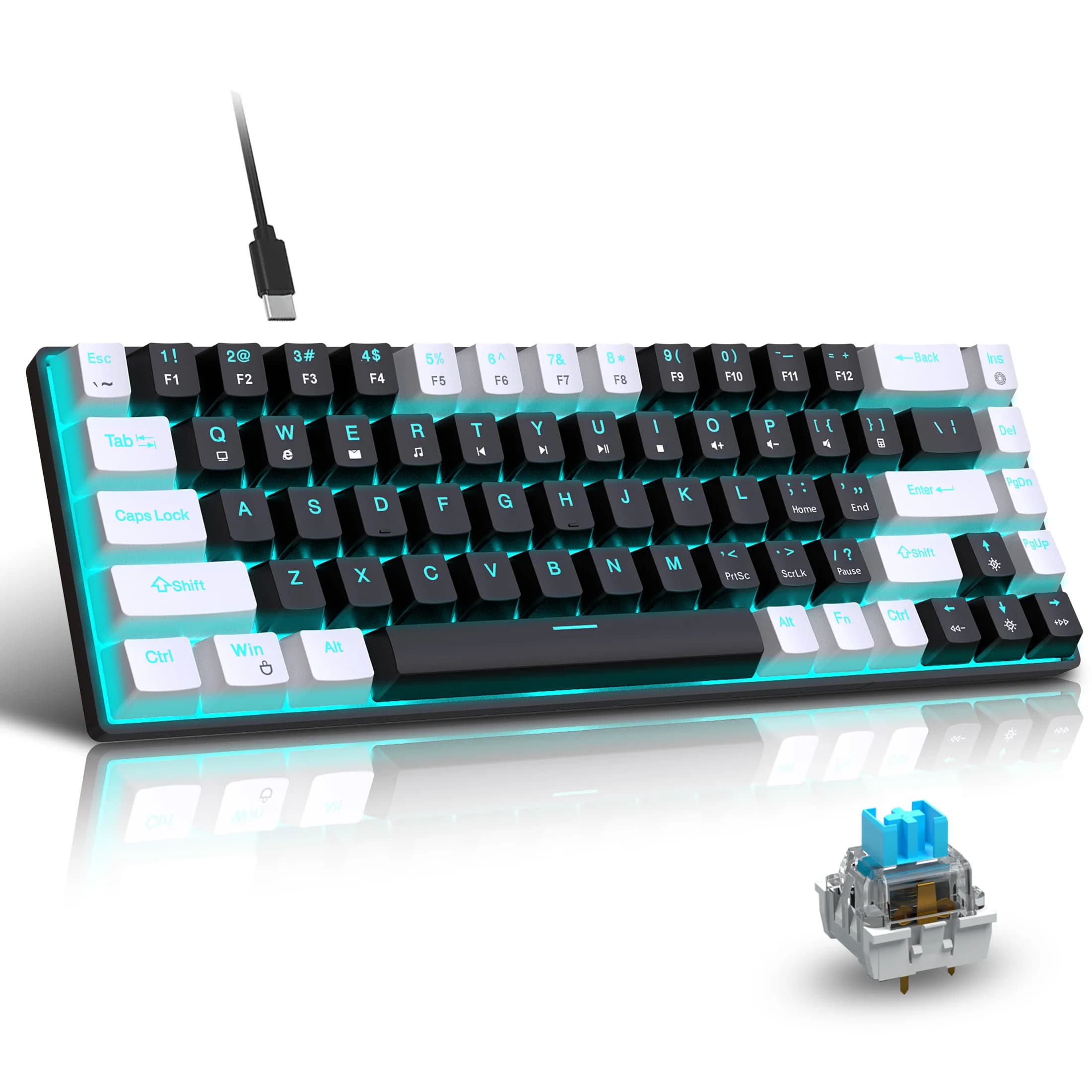 Vendita calda HXSJ V800 Tastiera cablata a 68 tasti Interruttore sostituibile a caldo Tastiera meccanica da gioco ergonomica con retroilluminazione blu ghiaccio e durata