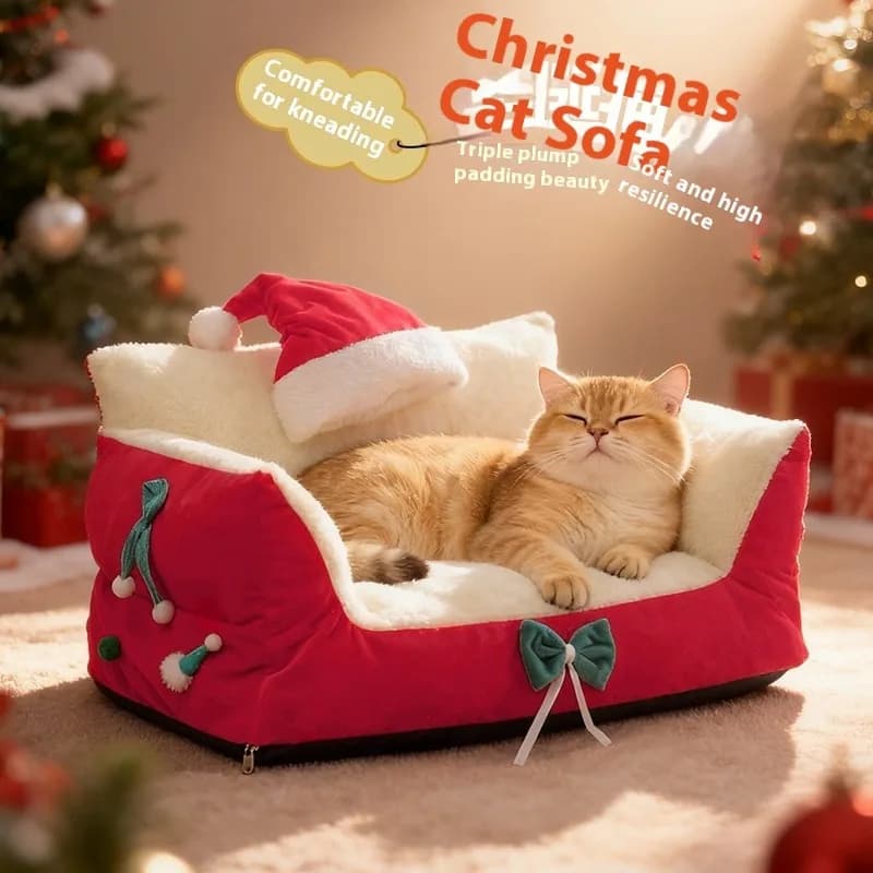 Letto per gatti caldo di Natale, sonno profondo, casa per cani invernale semichiusa, nido per animali in peluche lavabile, regalo per le vacanze per cani gatti