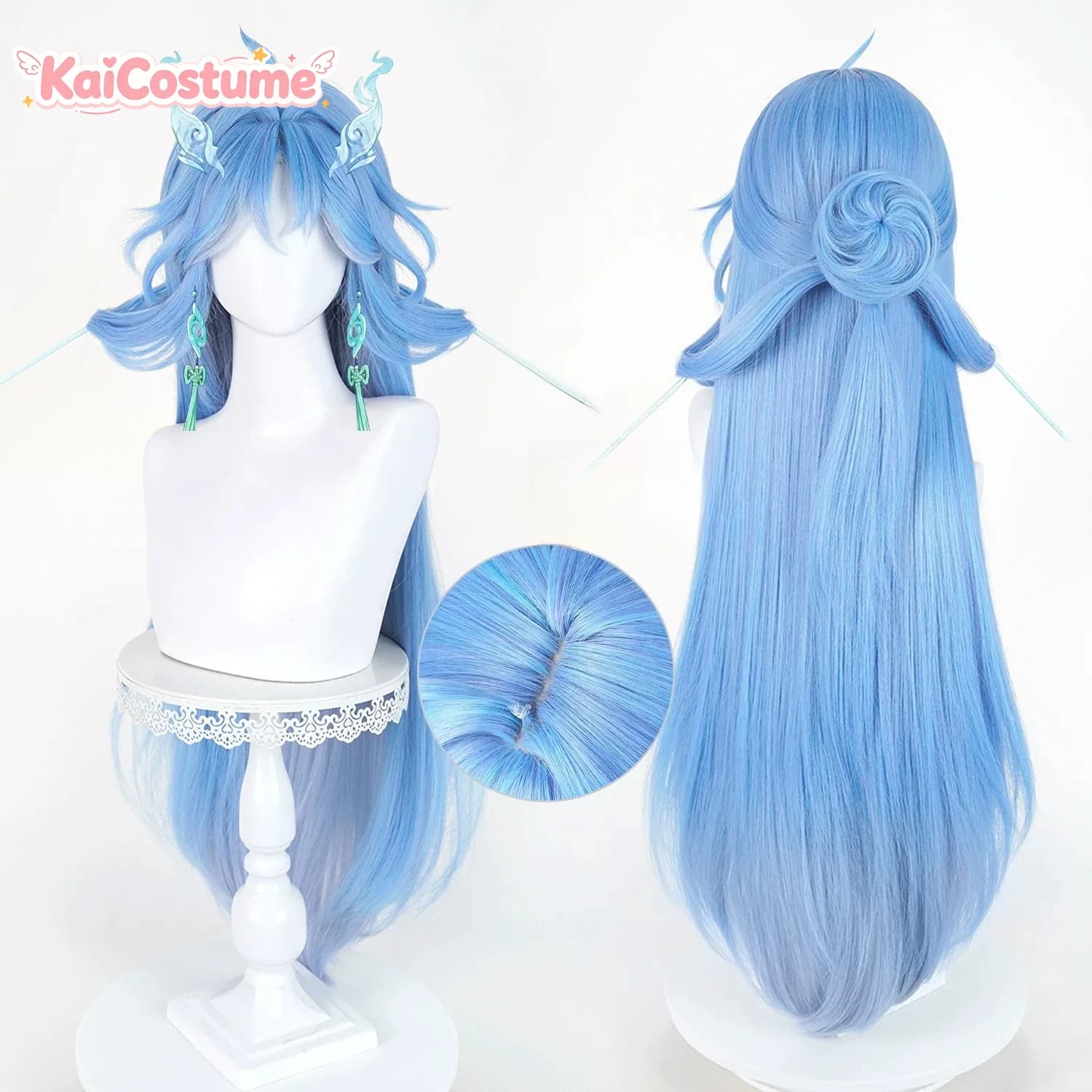 Qingxiao Cosplay Wig Wuthering Waves Hairpiece Realistic Handmade Scalp Top Clip Ponytail Bun Heat Resistant Synthetic Hair