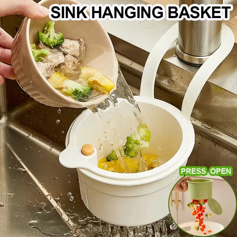 Cestello per scarico lavello 2-in-1 con filtro a sacchetto da appendere al rubinetto, cestello a svuotamento automatico regolabile, porta spugne per lavello, raccoglitore di rifiuti da cucina