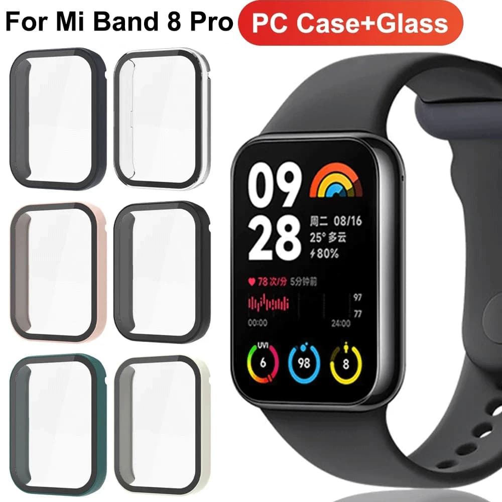 Vetro + custodia per Xiaomi Mi Band 8 SmartWatch, protezione schermo a tutto tondo Paraurti per PC in vetro temperato per accessori Mi Band 8 Pro