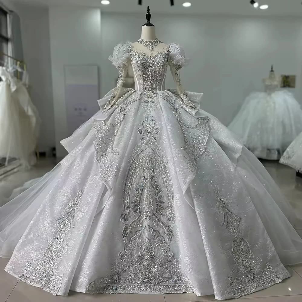 Hochzeitskleid Damen Abito da sposa a maniche lunghe con scollo a cuore Buco della serratura con fiocco sul retro Perline Abito da ballo con ricamo in cristallo Abito da sposa