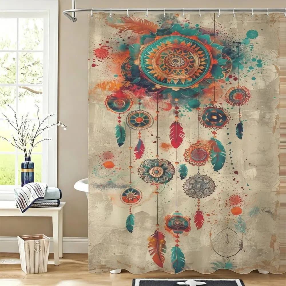 Boho Dreamcatcher Shower Curtain Watercolor Feather Print Waterproof Fabric Hippie Aesthetic Bathroom Decor Set Modern Art Bath