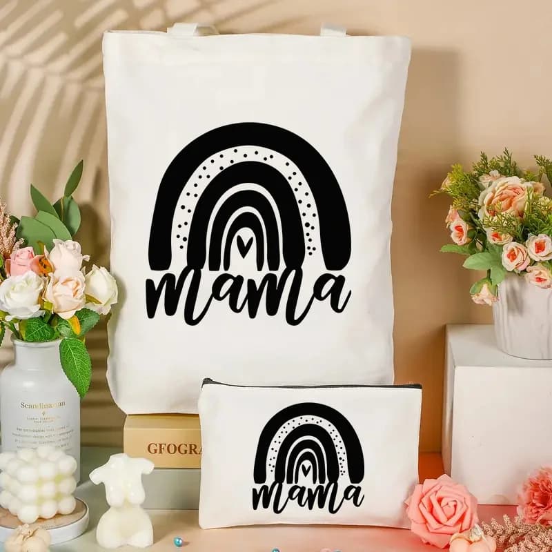 Borsa a Tracolla con Stampa Mama, Borsa per la Spesa Riutilizzabile e Pieghevole, Borsa Porta Pranzo, Borsa a Mano con Pochette da Polso per Donne