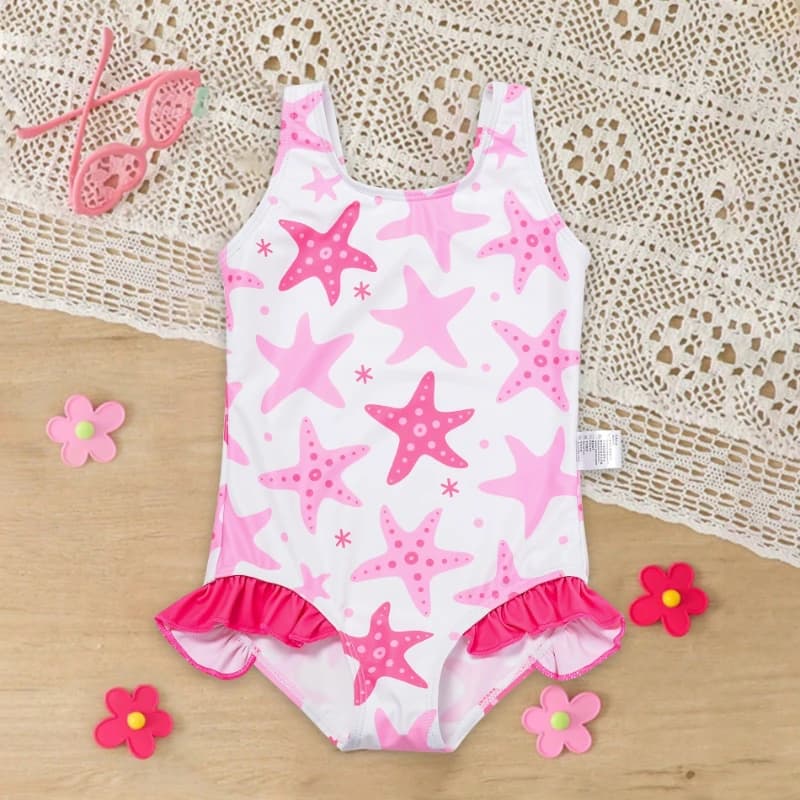 Costume da bagno intero per bambine, con stampa pentagramma e stella marina, regolabile, comodo per la spiaggia, ideale per l'estate