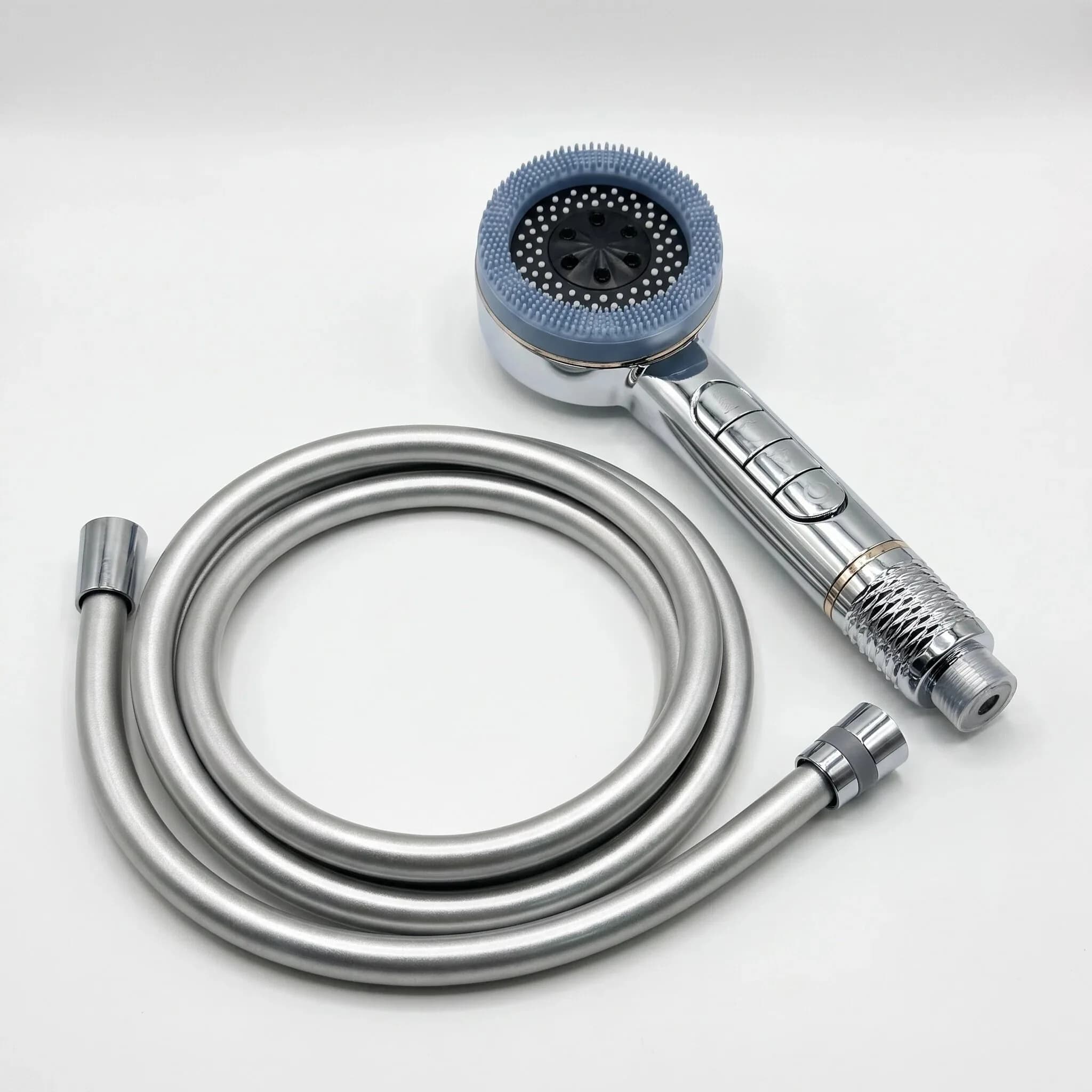 4-Mode Handheld Shower Head with PVC Hose | High-Pressure Spray Gun, One-Touch Stop, Built-in Filter & Silicone Massage Bristles