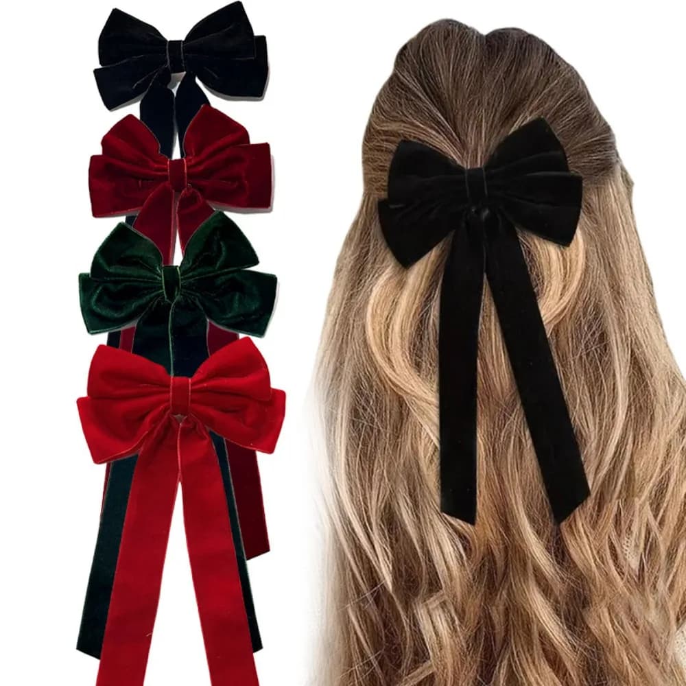 Women's Velvet Hair Clip, Elegant Handmade, Black Red Green, with Double Bow and Long Nappa, Hair Accessories, Christmas Gift