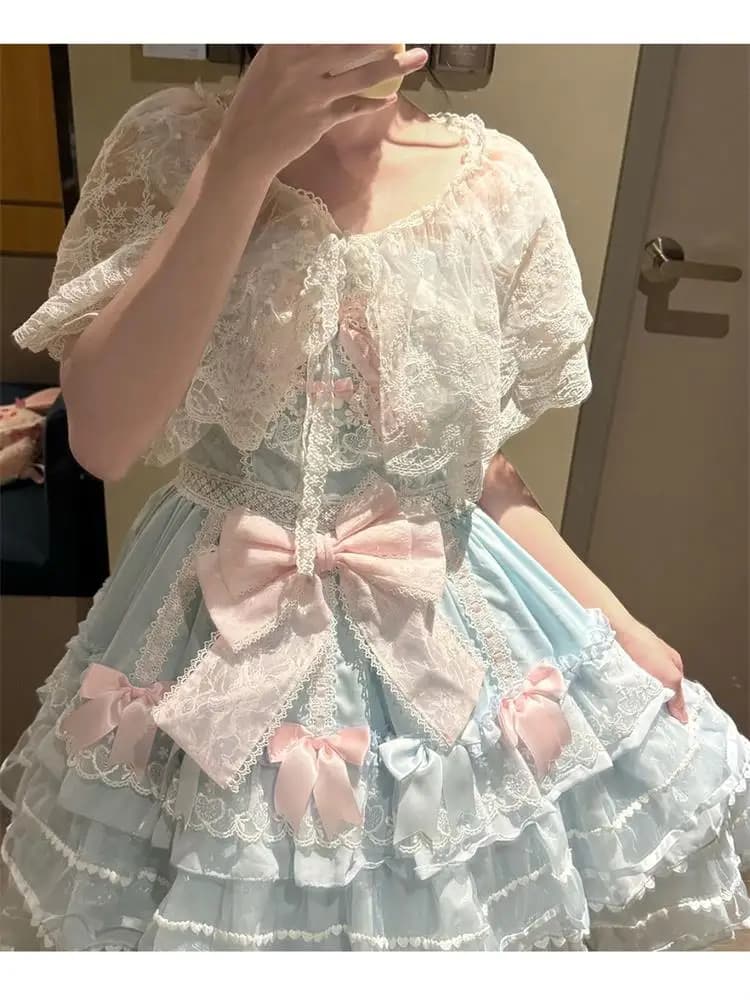 Design Originale Sweet Lolita JSK Cardigan con Pizzo e Coprispalle, Stile Coreano, Moda per il Lavoro, Top Scavato con Scollo a V