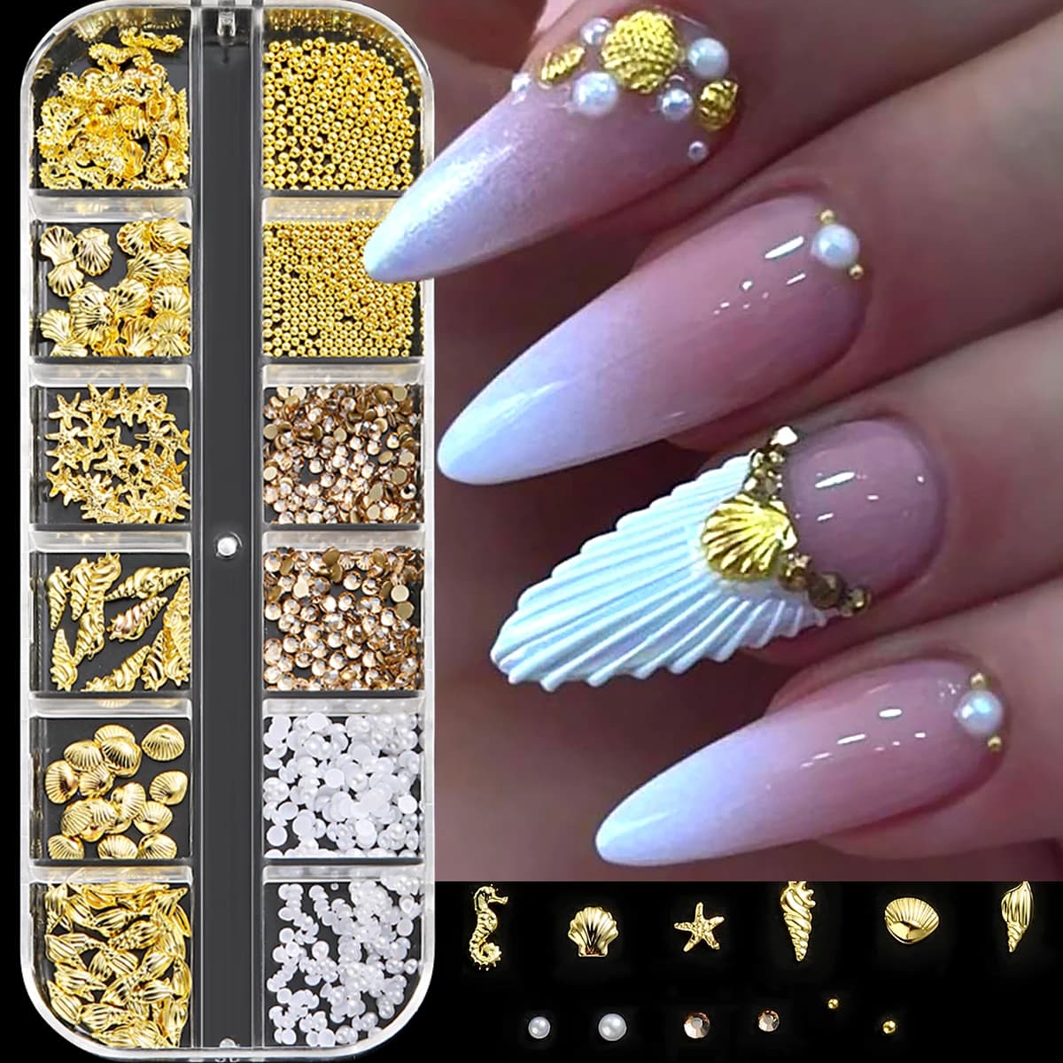 Decorazioni per Unghie a Tema Mare Dorato, Perline 3D Bianche, Conchiglie Beige, Rivetti in Lega a Forma di Stella Marina/Conchiglia per Nail Art Fai-da-Te