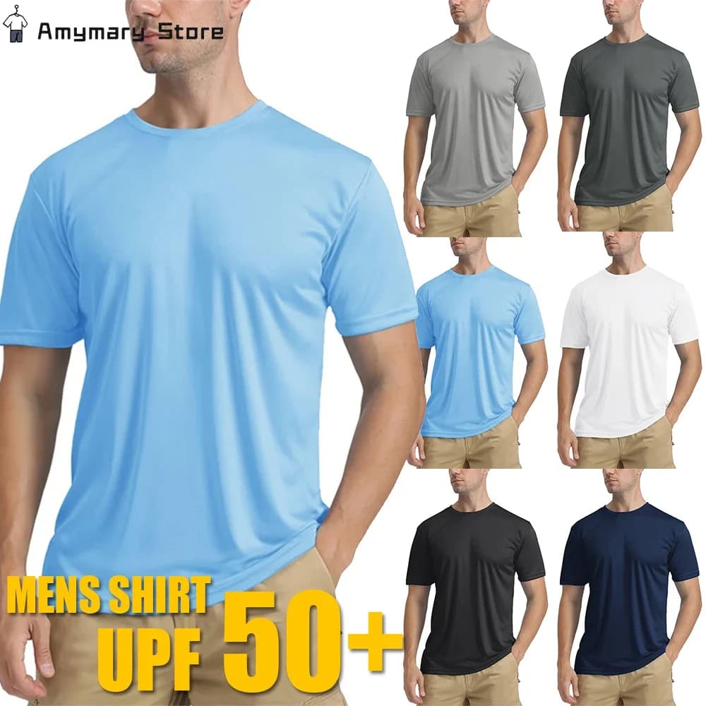 Top a maniche corte da uomo UPF50 + Camicia di protezione solare Solido Casual Girocollo Sottile Traspirante T-shirt UV da pesca ad asciugatura rapida