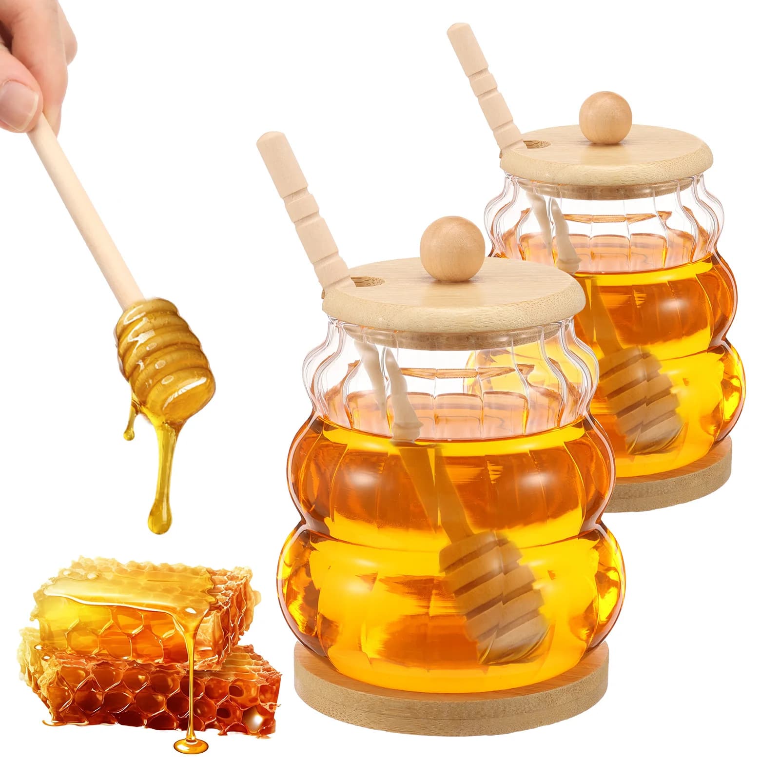 2Pcs Glass Honey Jar with Dipper and Lid 450ML Transparent Honey Pot Wide Mouth Honey Containers Syrup Dispenser for Storing