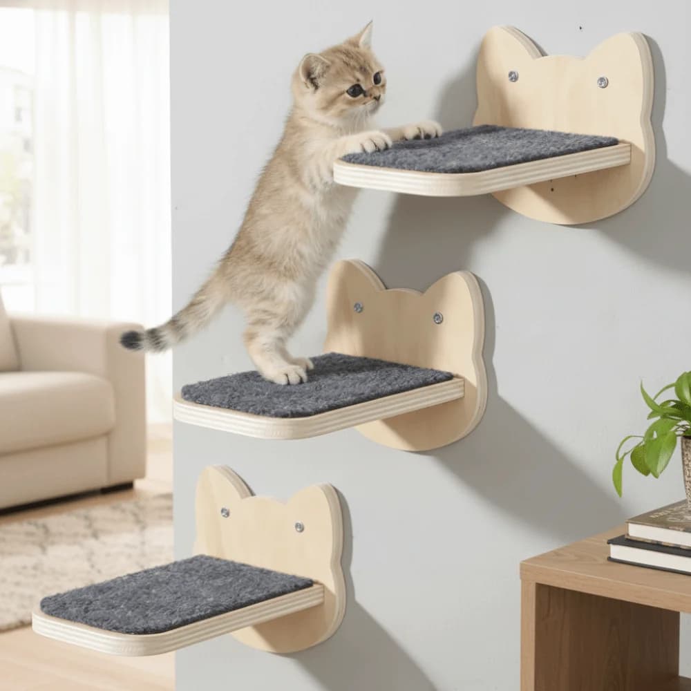 Mensole in Legno per Gatti con Tappetini Antiscivolo Resistenti all'Usura, Scala per Gatti, Scale Sospese, Robusta Piattaforma per Saltare