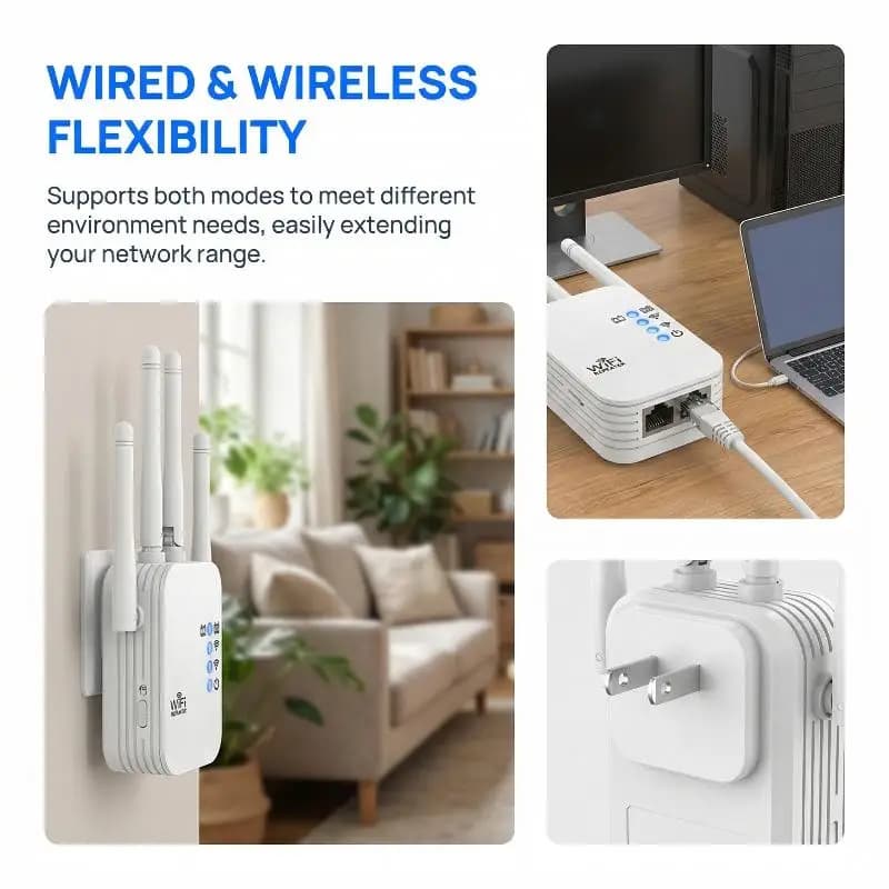 Stable WiFi Signal Amplifier Wired Repeater Range Extender for Bedroom Home Office Devices Online Streaming