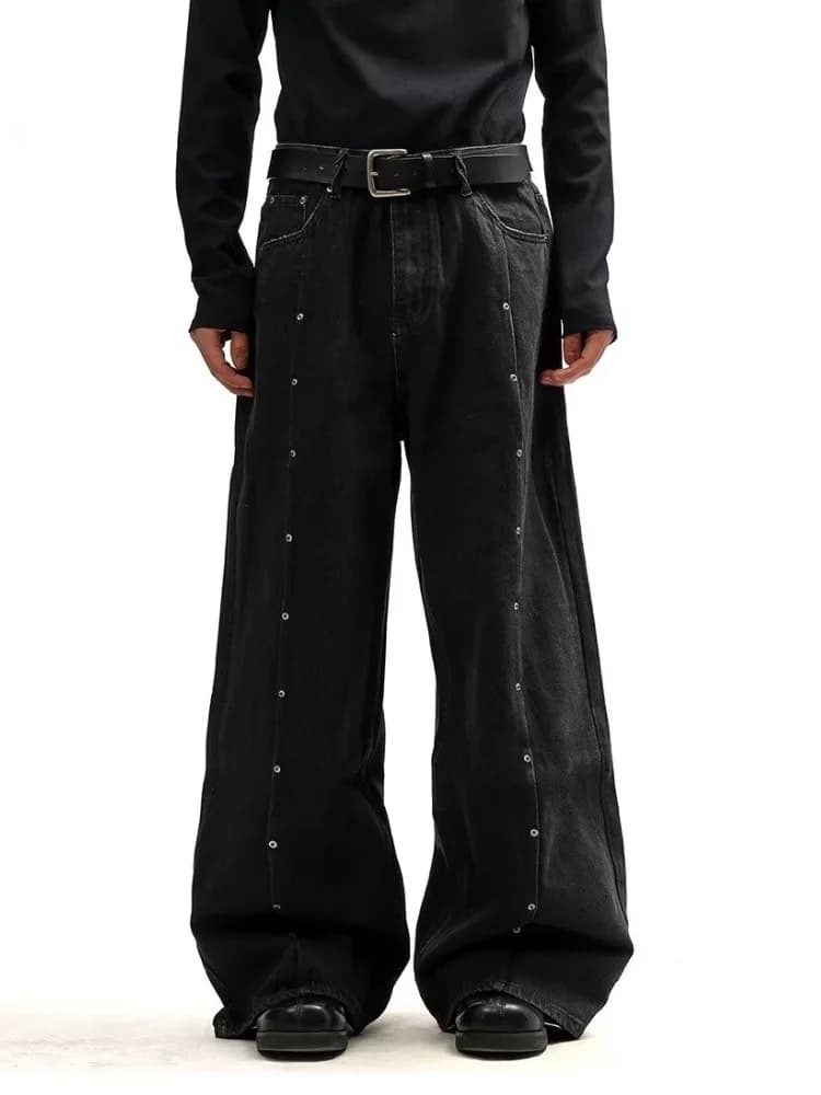 2025 Ropa Y2K Stile Rivetto Design Pieghettato Nero Baggy Jeans Pantaloni Per Gli Uomini Abbigliamento Gamba Larga Pantaloni Lunghi Dritti Pantalon Homme
