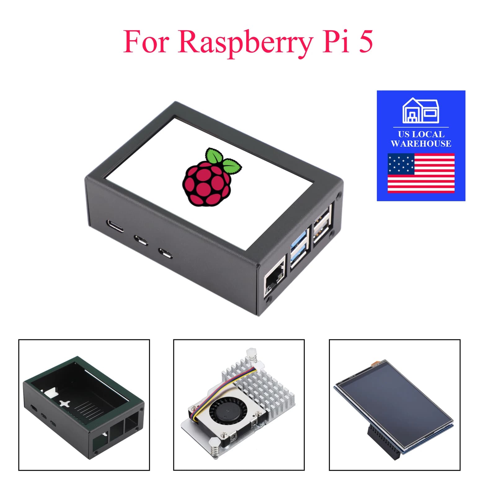 American metal protective case with 3.5 inch screen bracket and active cooling fan for Raspberry Pi 5