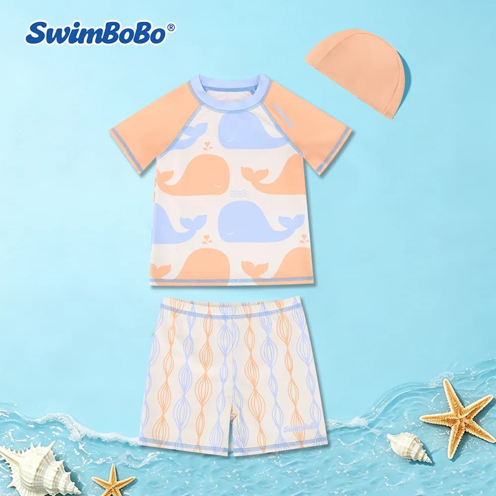Boys Rash Guard Swim Set Two Piece UPF 50+ Sun Protection Short Sleeve Kids Swimsuit Quick Dry Beach Swimwear Set with Cap Summe