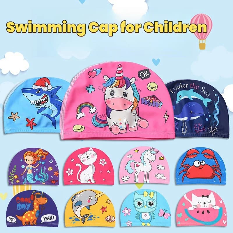 Kids Swimming Head Cartoon Children's Elastic Fabric Pool Water Sports Protecting Earphones Bathroom Hats Boys Girls