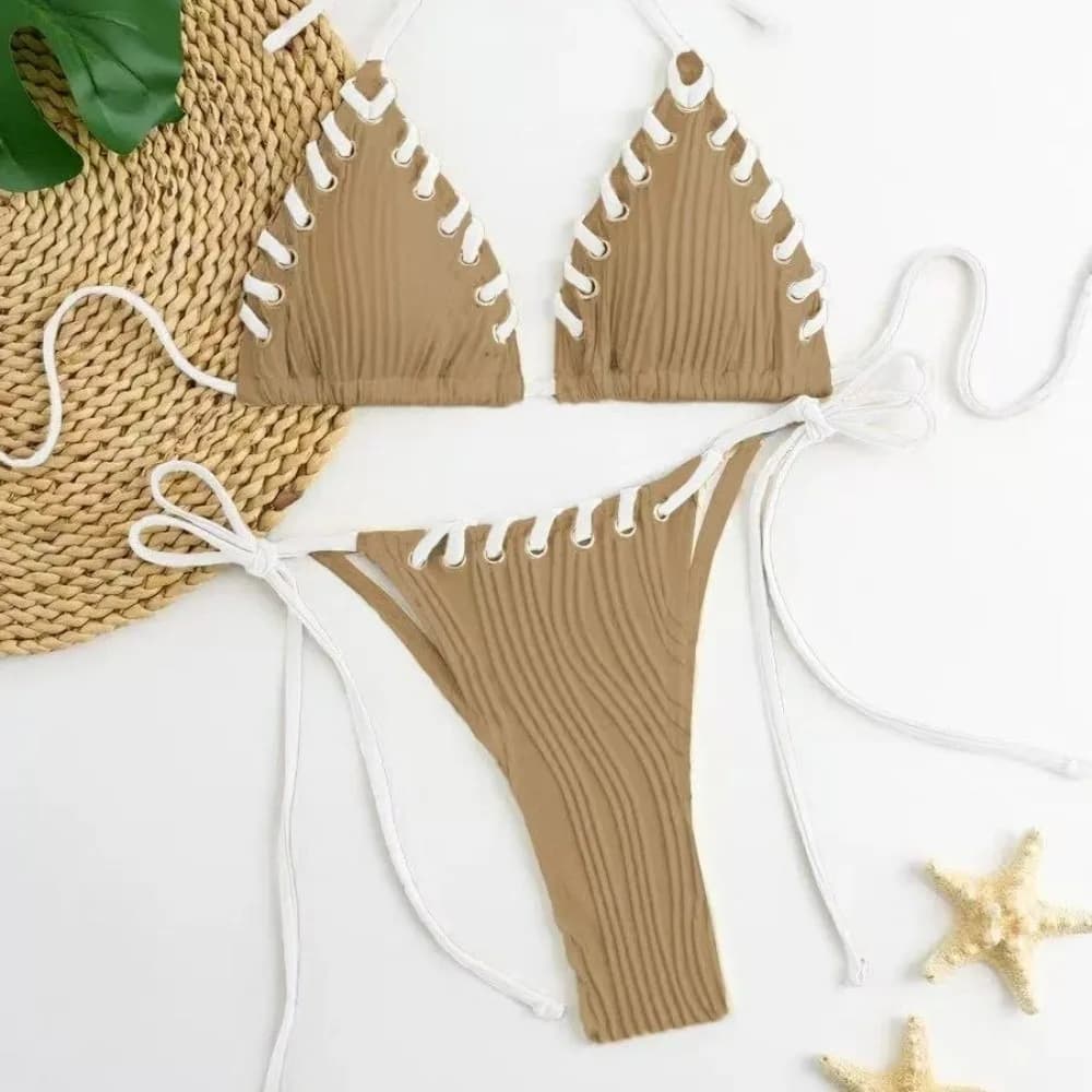 Simple Rope String Bikini Suit Ruffled Lace Up Swimwear Set Slim Fit Halter Neck Sling Swimsuit Swimming Pool