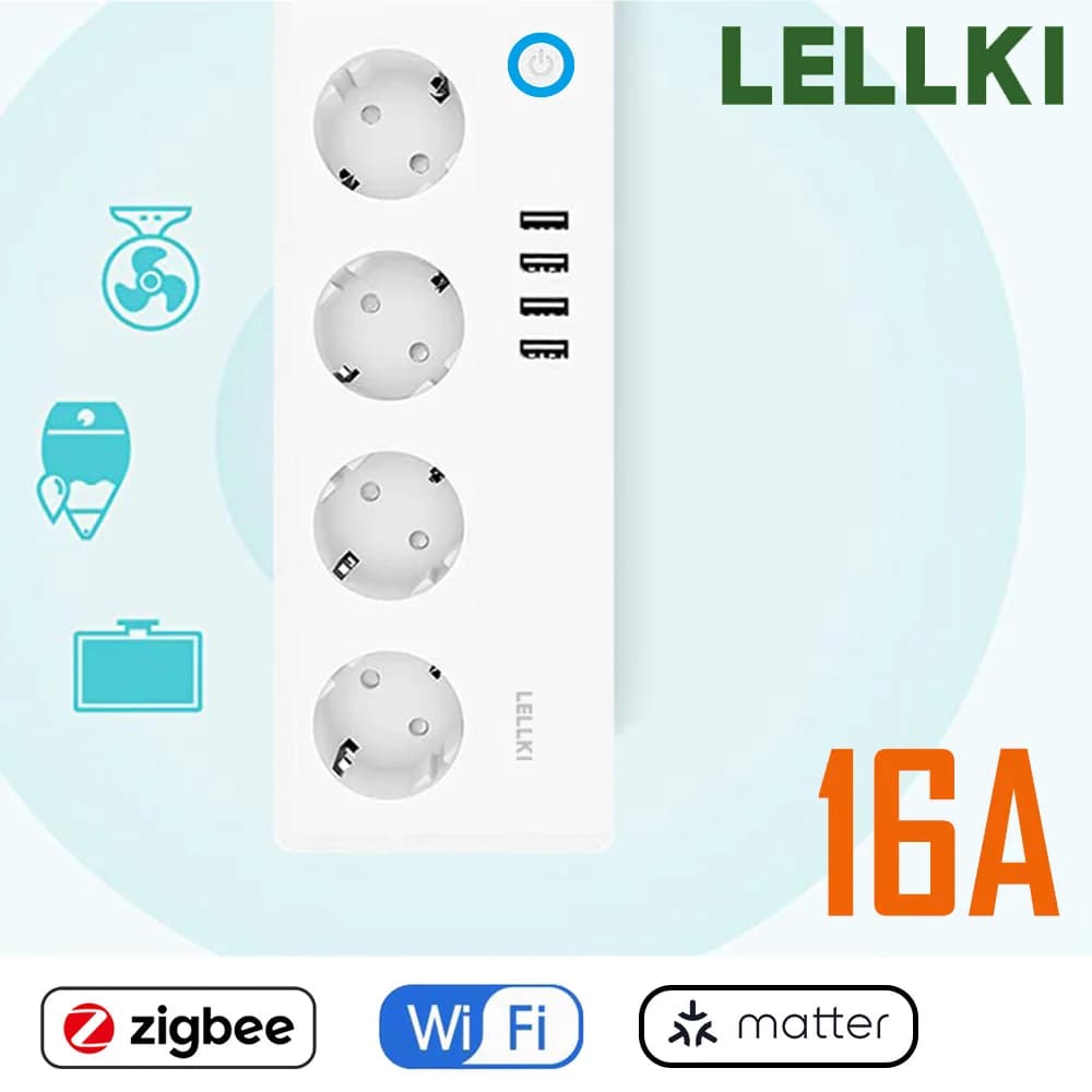 LELLKI Zigbee/WiFi/Matter Power Strip Tuya Smart Life Electrical Socket Zigbee2mqtt Extension Cord 1.8M Apple Home Google Home