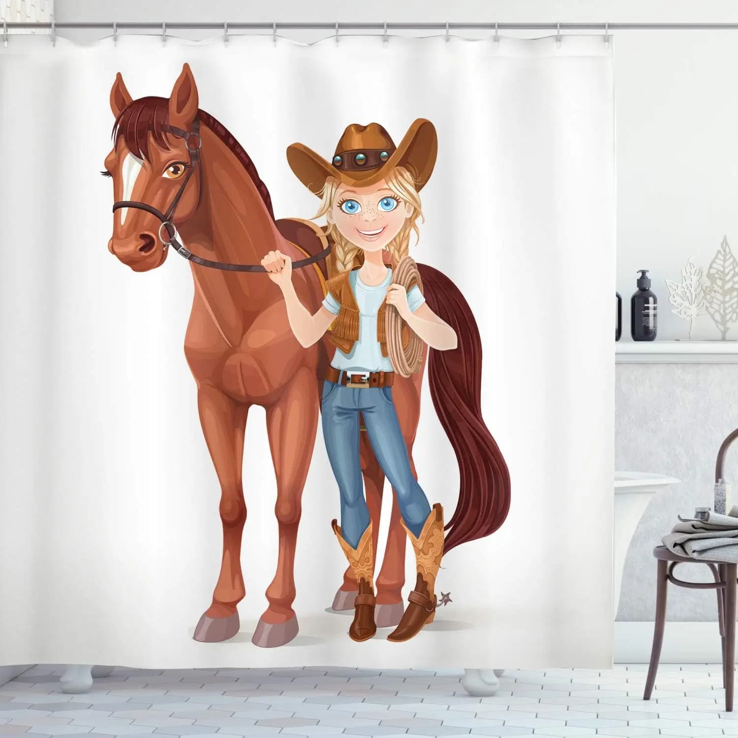 Tenda da doccia Cowgirl e cavallo Tema occidentale Design dei cartoni animati Decorazioni per il bagno per bambini Tessuto impermeabile Divertimento animale Arte Home150x210