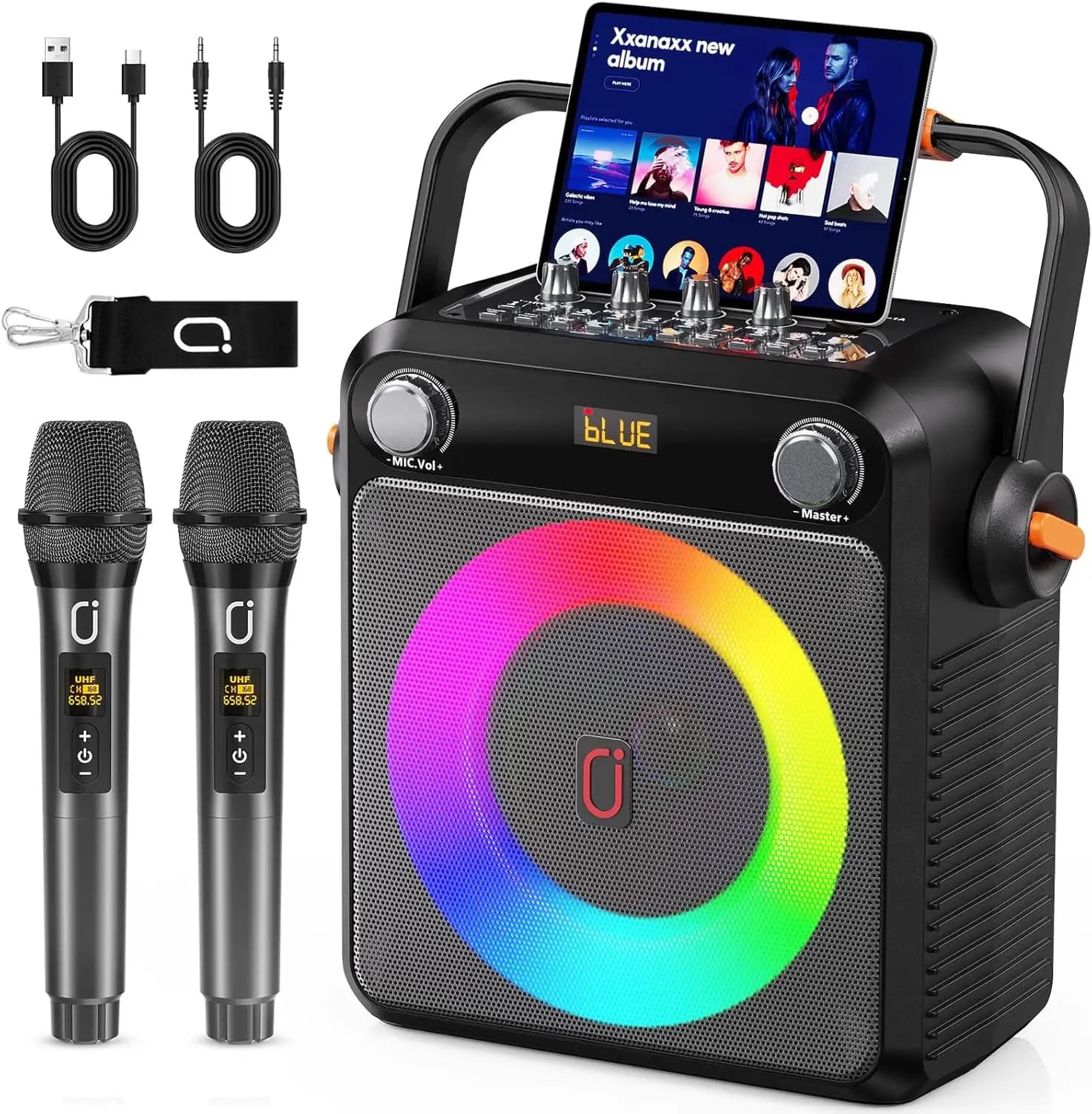 Macchina per Karaoke Portatile con 2 Microfoni Wireless, Altoparlante Bluetooth per Feste in Casa, Supporta USB/TF/AUX