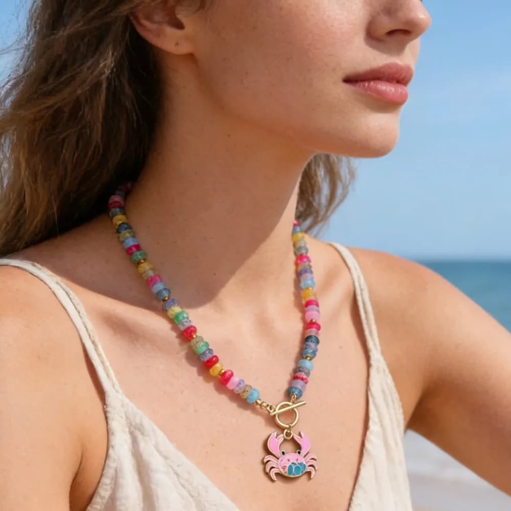 Fashion Colorful Glass Beads Crab Pendant Necklace Handmade Stackable Women Necklace Colorful Necklace Summer Beach
