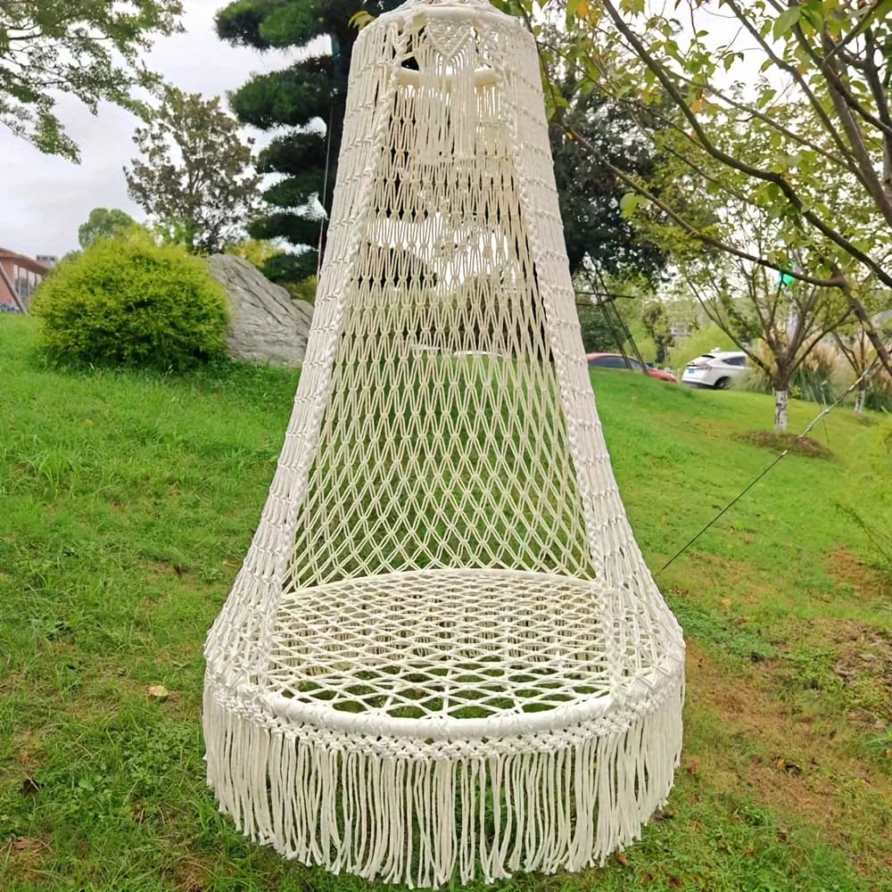 Hanging chair with hand woven tassels, bohemian back swing, inner hammock, outdoor hammock does not include seat cushion