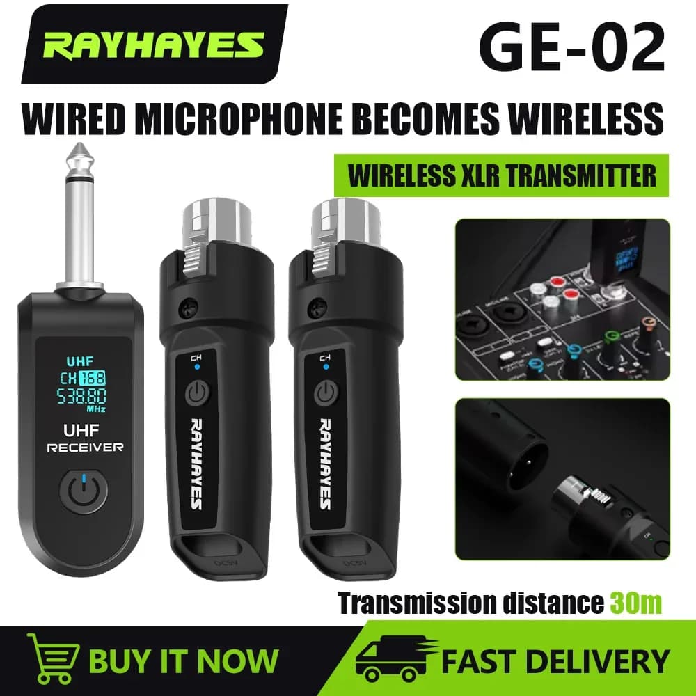 RAYHAYES GE-02 UHF Wireless Microphone Converter Adapter XLR Transmitter for Dynamic Microphone Guitar Audio Mixer PA System