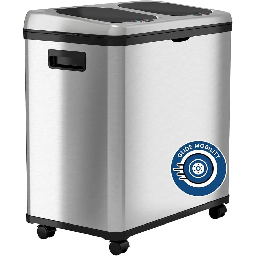 Bidone per rifiuti e riciclo da 16 galloni (60 litri) in acciaio inox con adesivi, doppio scomparto (8 galloni ciascuno), contenitore per rifiuti da cucina con apertura touchless.
