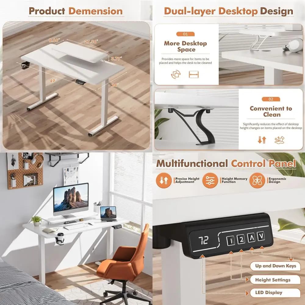 White adjustable desk 47 x 24 with monitor support for home and office