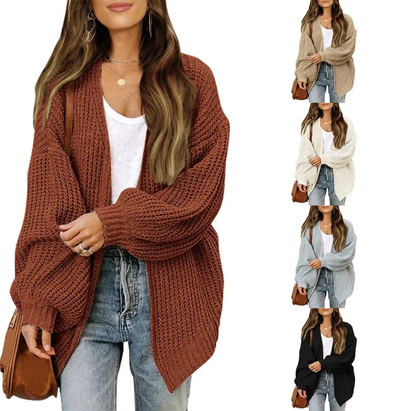 Cardigan da donna in maglia a maniche a lanterna, nuovo modello autunno inverno, maglione lavorato a maglia, capospalla femminile con scollo a V, tinta unita.