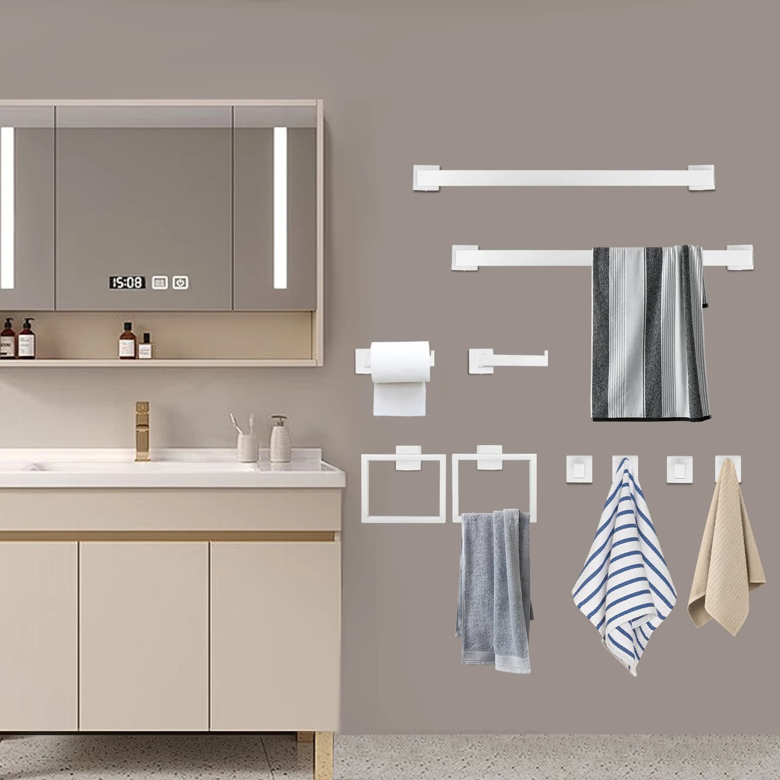 Set di Accessori per Bagno, 20 Pezzi in Acciaio Inox 201, Portasciugamani da 60cm Argento, Include Barra Portasciugamani, Portarotolo e Ganci