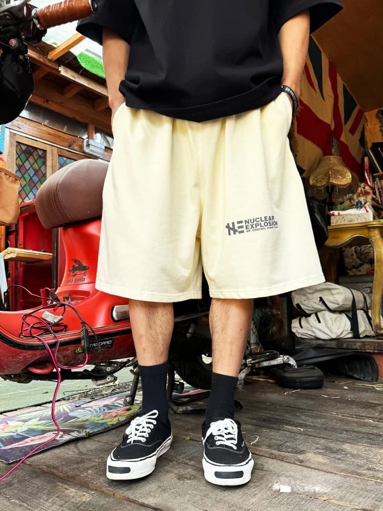 Pantaloncini Estivi Casual in Cotone Lavorato a Maglia con Elastico in Vita, Beige Chiaro, Gamba Larga, Traspiranti e Comodi, per Taglie Forti