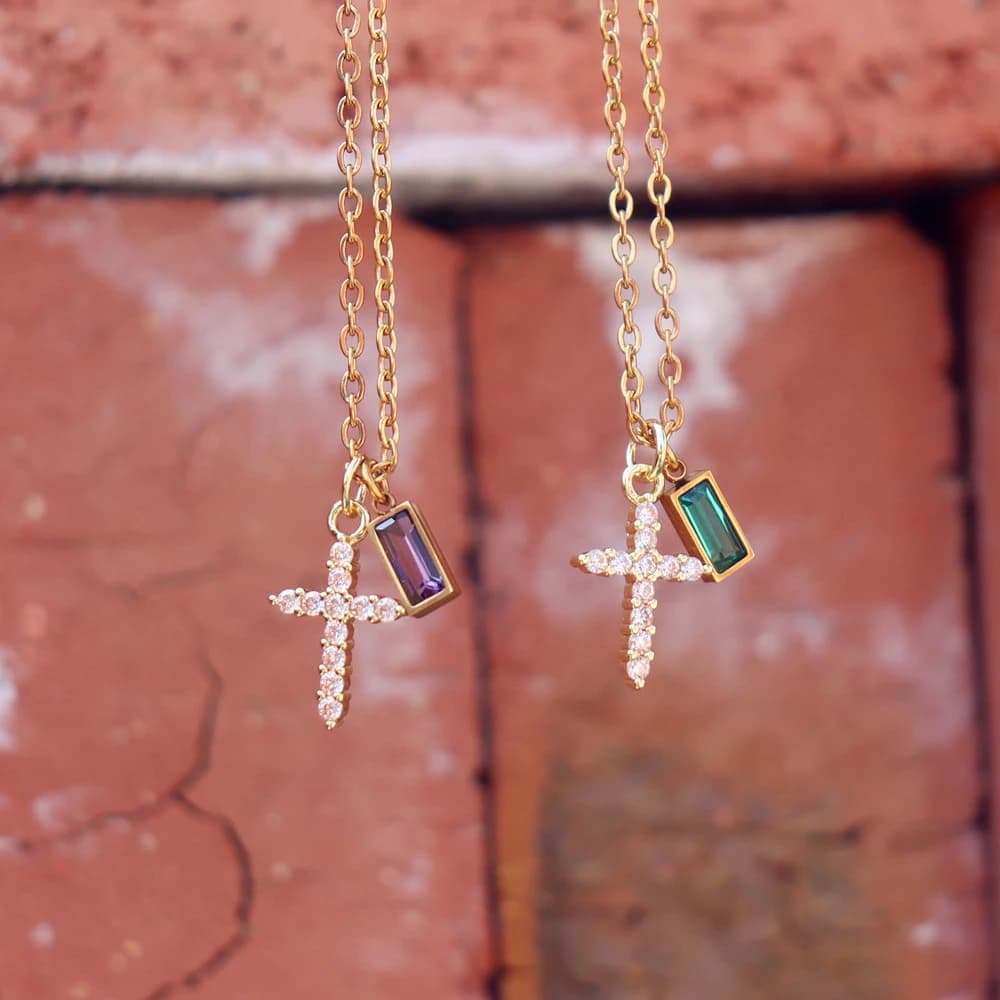Luxury 12 Birthstone Cross Pendant Necklaces Stainless Steel Clavicle Chains For Women Christian Jewelry Gift