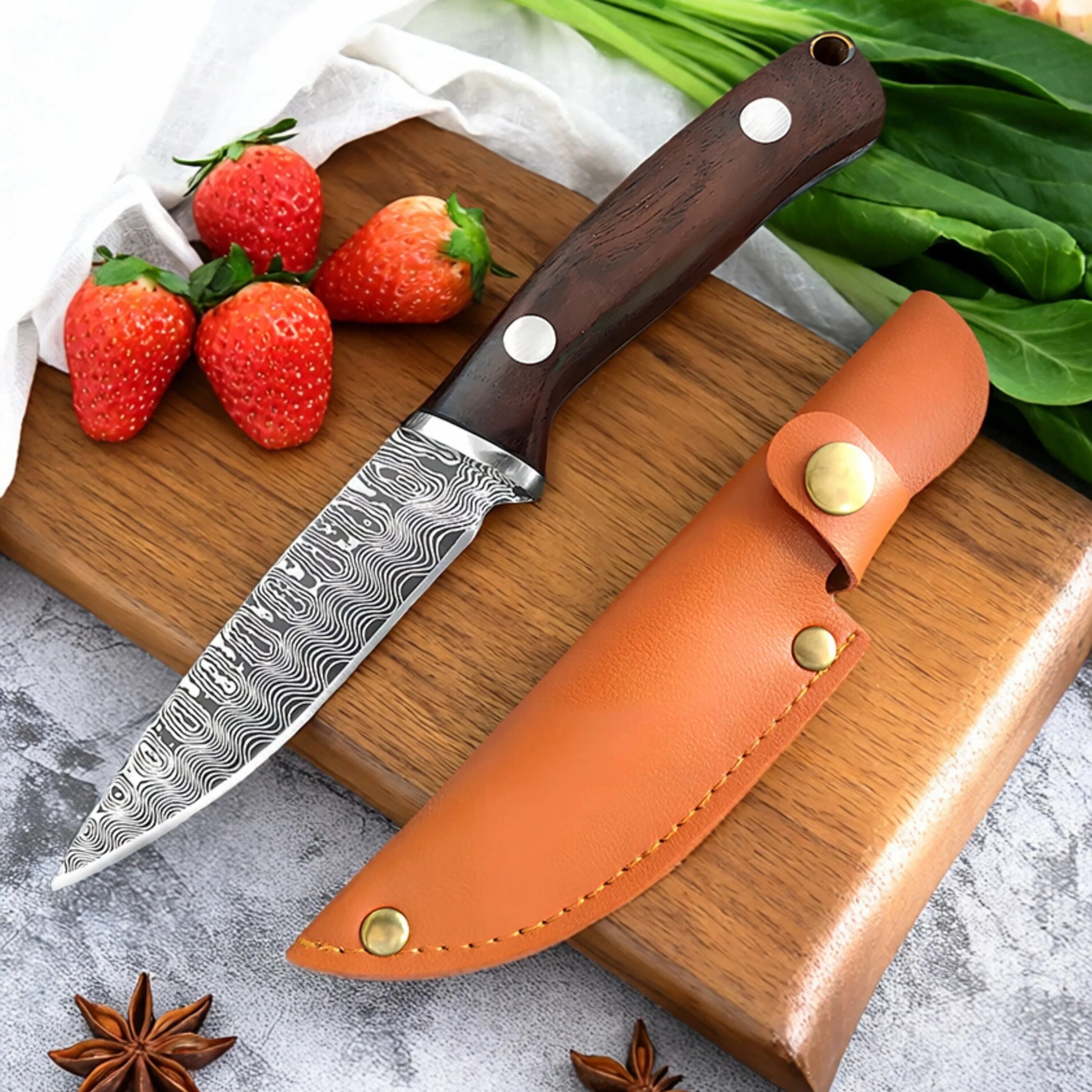 Ultra sharp kitchen knife 3.1", 40 ° Fruit peeling knife, stainless steel kitchen knife with wooden handle, Damascus motif