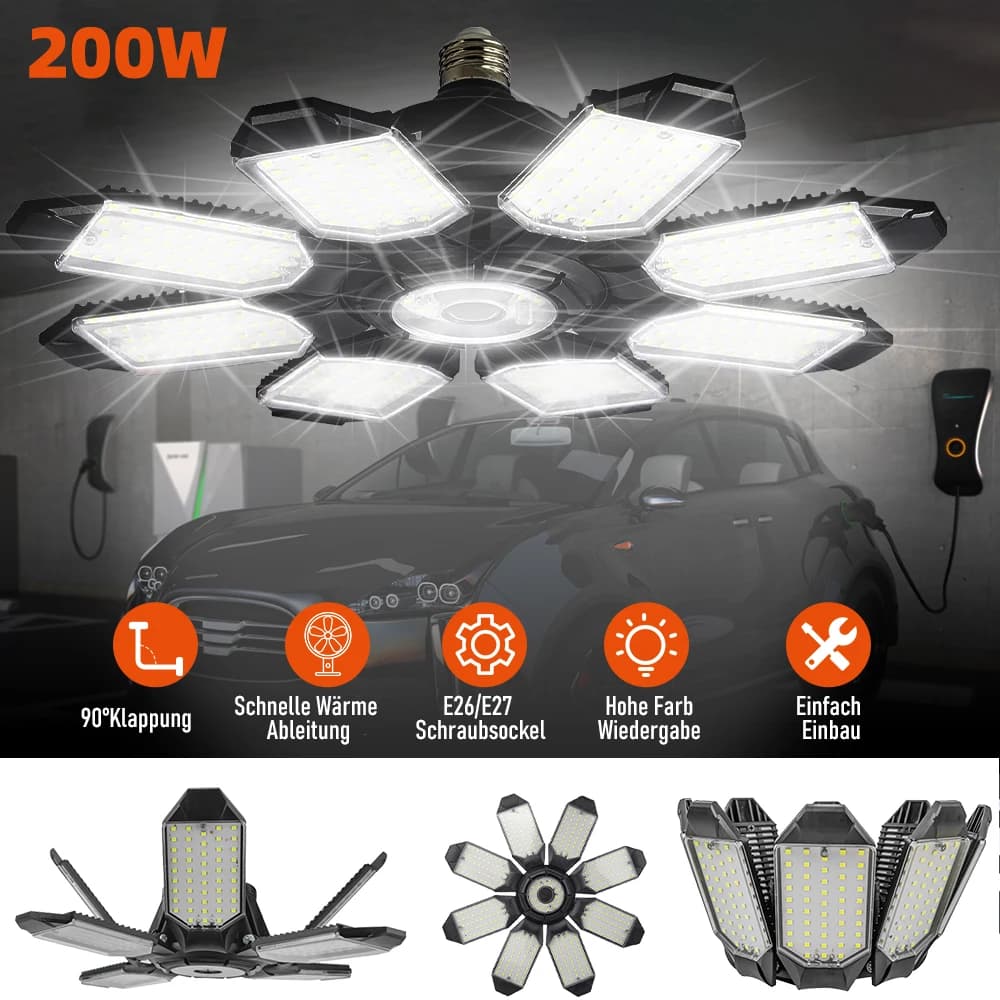 Lampadine a LED pieghevoli a LED per garage potente da 200 W Lampada da soffitto multi pannello regolabile E27 per illuminazione di magazzini per officina
