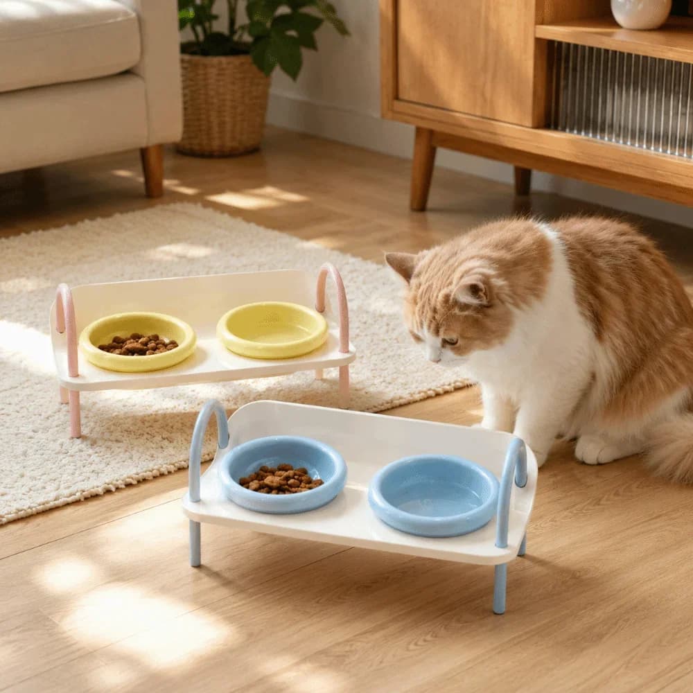 Ceramic Pet High Footed Bowl Non-Slip Double Bowls Cat Food Water Bowl with Stand Adjustable Height Elevated Pet Feeder Bowl