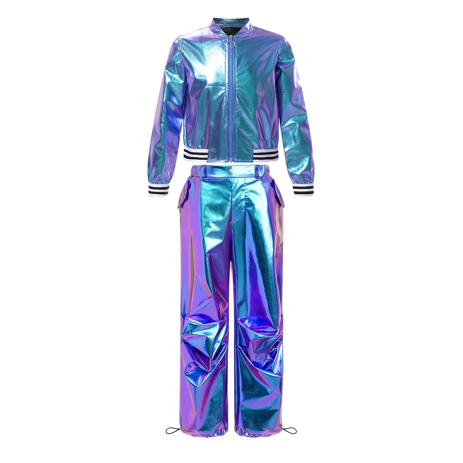 Costume da Festa Disco Anni '70 per Bambine, Giacca Metallizzata con Zip a Maniche Lunghe e Pantaloni Cargo, Abbigliamento Streetwear per Spettacoli Jazz