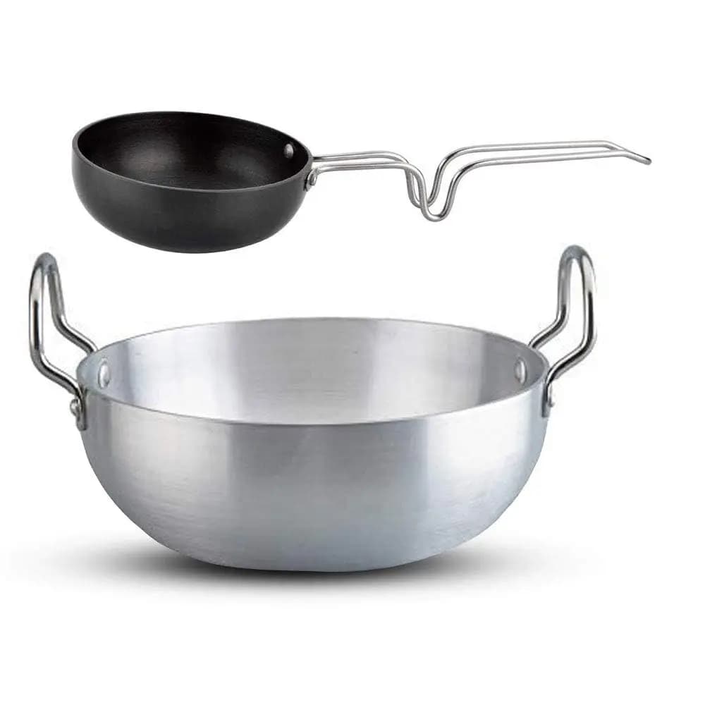 Set Combo Padella Profonda in Alluminio Kadai Misura N.13 con Padella Tadka (Padella per Frittura) in Alluminio Hindalco Misura N.5