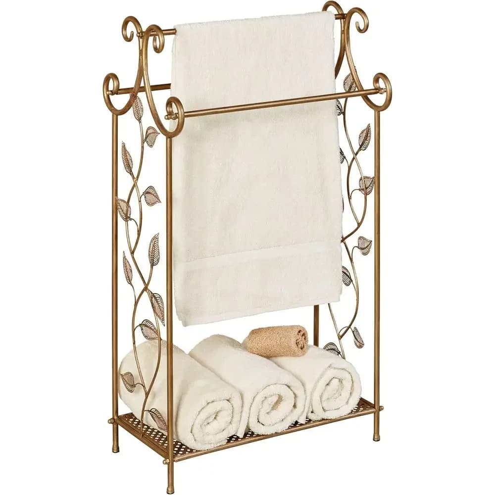 Champagne Bronze Metal Towel Rack Stand - Freestanding 3-Bar Bathroom Storage for Pool Towels - Nature-Inspired, Powder Coated