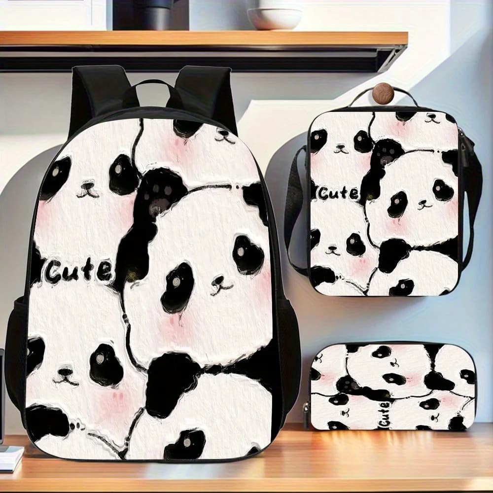 3pcs Panda Print Backpack Set with Adjustable Shoulder Straps, Zippered Lunch Bag & Pencil Case – Cute Large Capacity School Bag