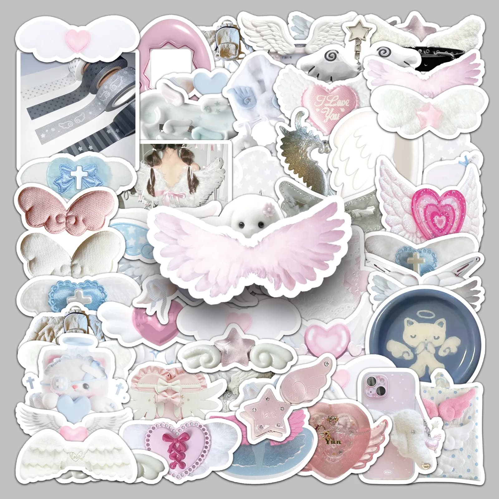 50Pcs Angel Wing Doodle Stickers Set Ethereal White Feather Decals for Journal Phone Cases Aesthetic Scrapbooking Supplies