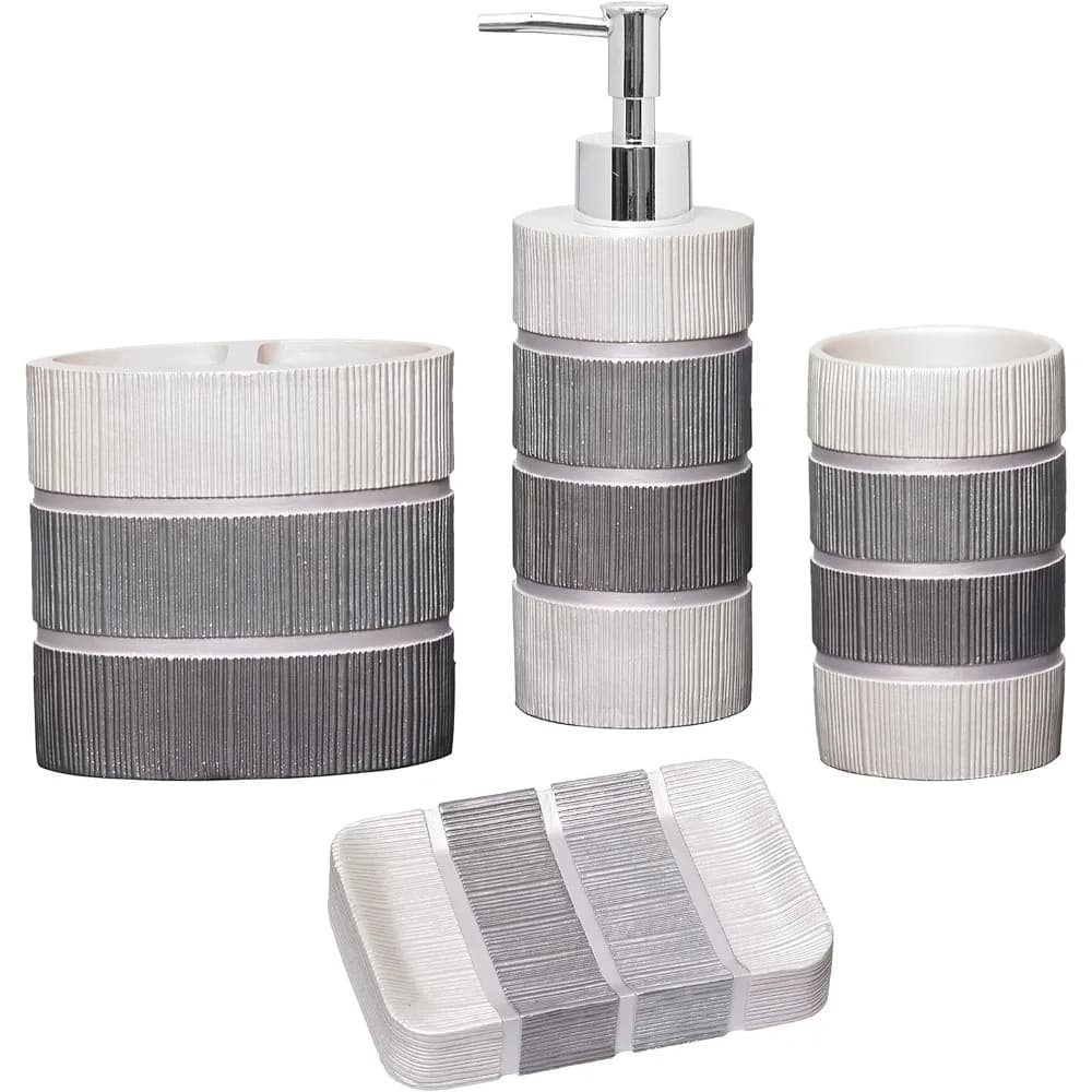 Linea moderna 4 pezzi Set di accessori da bagno Dispenser di sapone Bicchiere Portaspazzolino e portasapone Contemporaneo Grigio