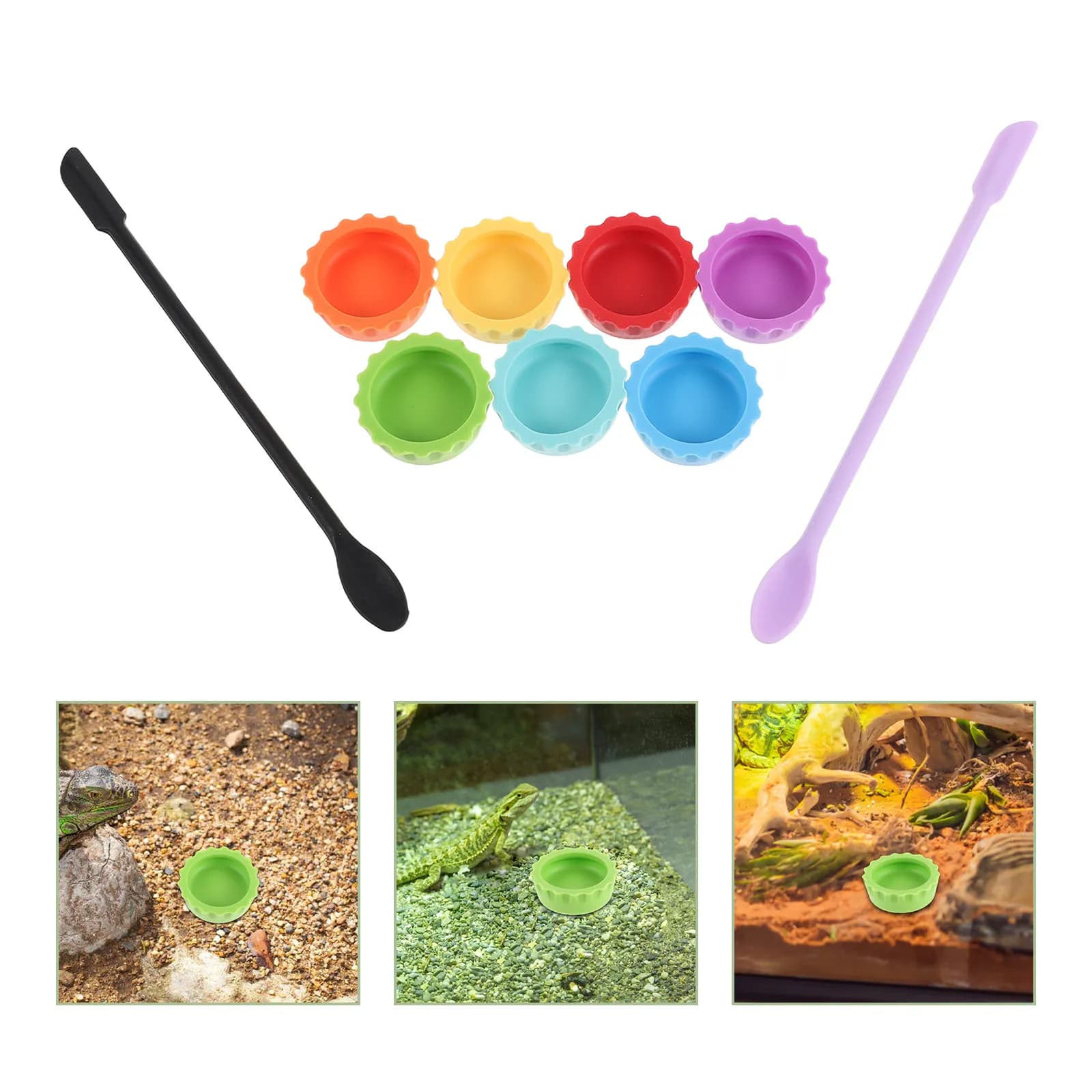 7pcs Silicone Reptile Feeding Dish And Spoon Flexible Non-Stick Gecko Water Bowl Reusable Feeding Cups For Crested Lizards