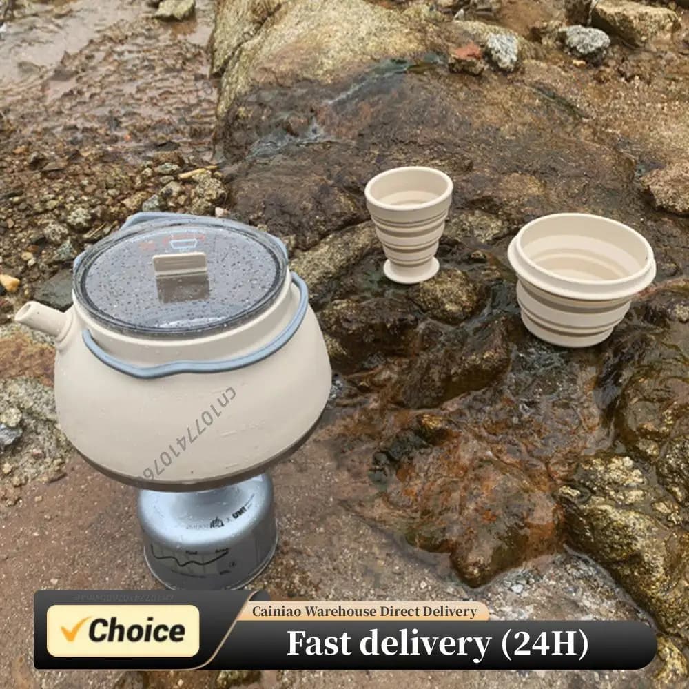 Outdoor Folding Silicone Kettle Portable Mini Boiling Water Pot with Handle Camping Kettle Pan Pot for Travel Picnic Tableware