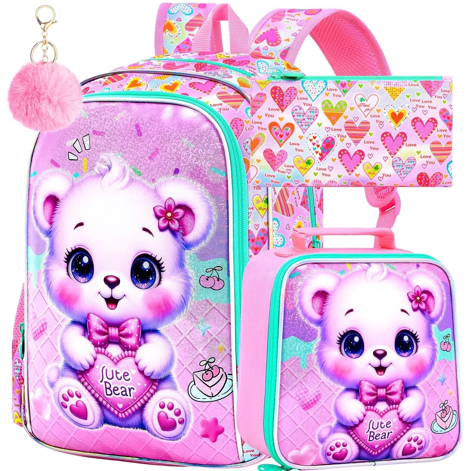 Set di 3 Zaini per Bambine, Zainetto da 16 Pollici con Orsetto per Bambini Piccoli, Zaini per Scuola Elementare e Porta Pranzo - Viola