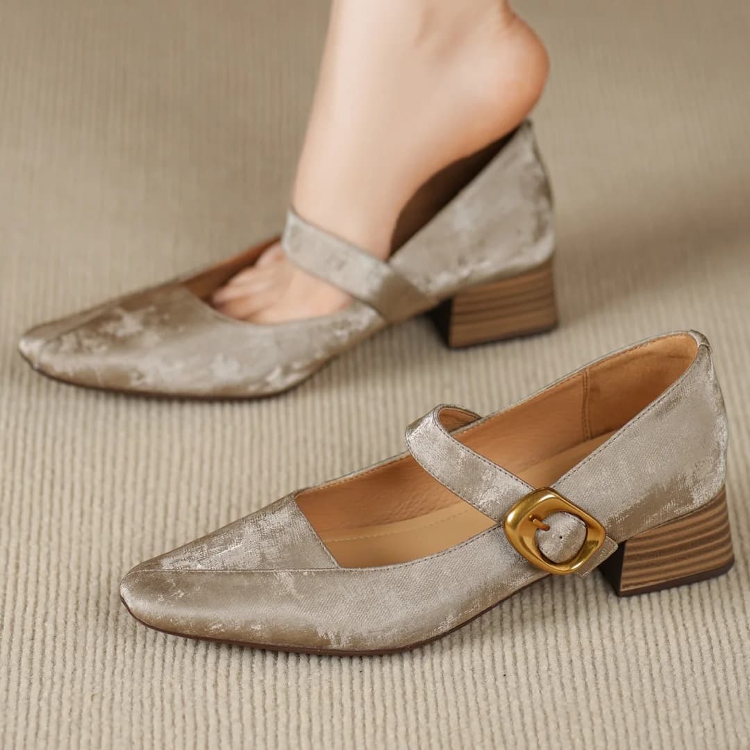 Women's genuine leather square toe metal buckle 4cm thick med heel slip-on Mary Jane pumps elegant ladies OL style daily shoes
