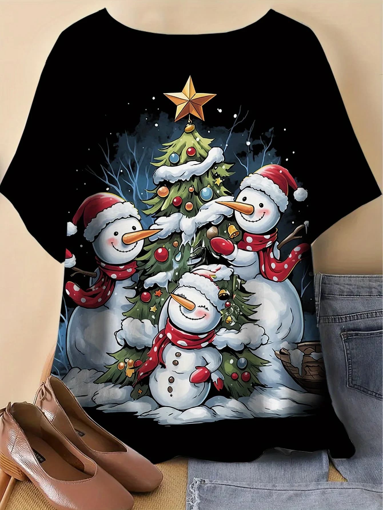 Women Christmas Snowman Tree Print T‑Shirt,O‑Neck Short Sleeve Holiday Party Casual Winter Blouse Tops