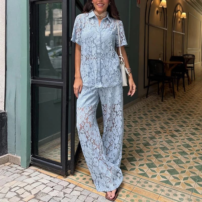 Complete Casual Back in Pizzo Traforato 3 Pieces: Long sleeve shirt with collar, vests and high waist trousers, sexy women's set Transparent 2026 New