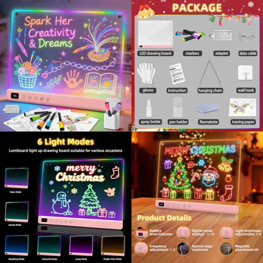 Tavola da disegno a LED con 13 effetti luminosi, lavagna luminosa a LED ricaricabile da 16 pollici con colori, tablet da disegno illuminato a LED neon